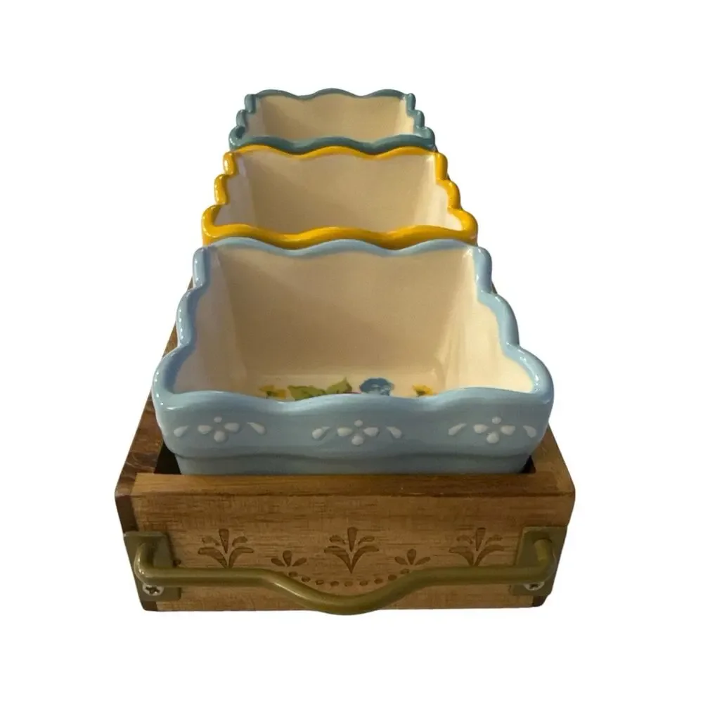 Pioneer Woman Condiment Set w/Wood Tray 3 Floral Medley 3 Stoneware Bowls